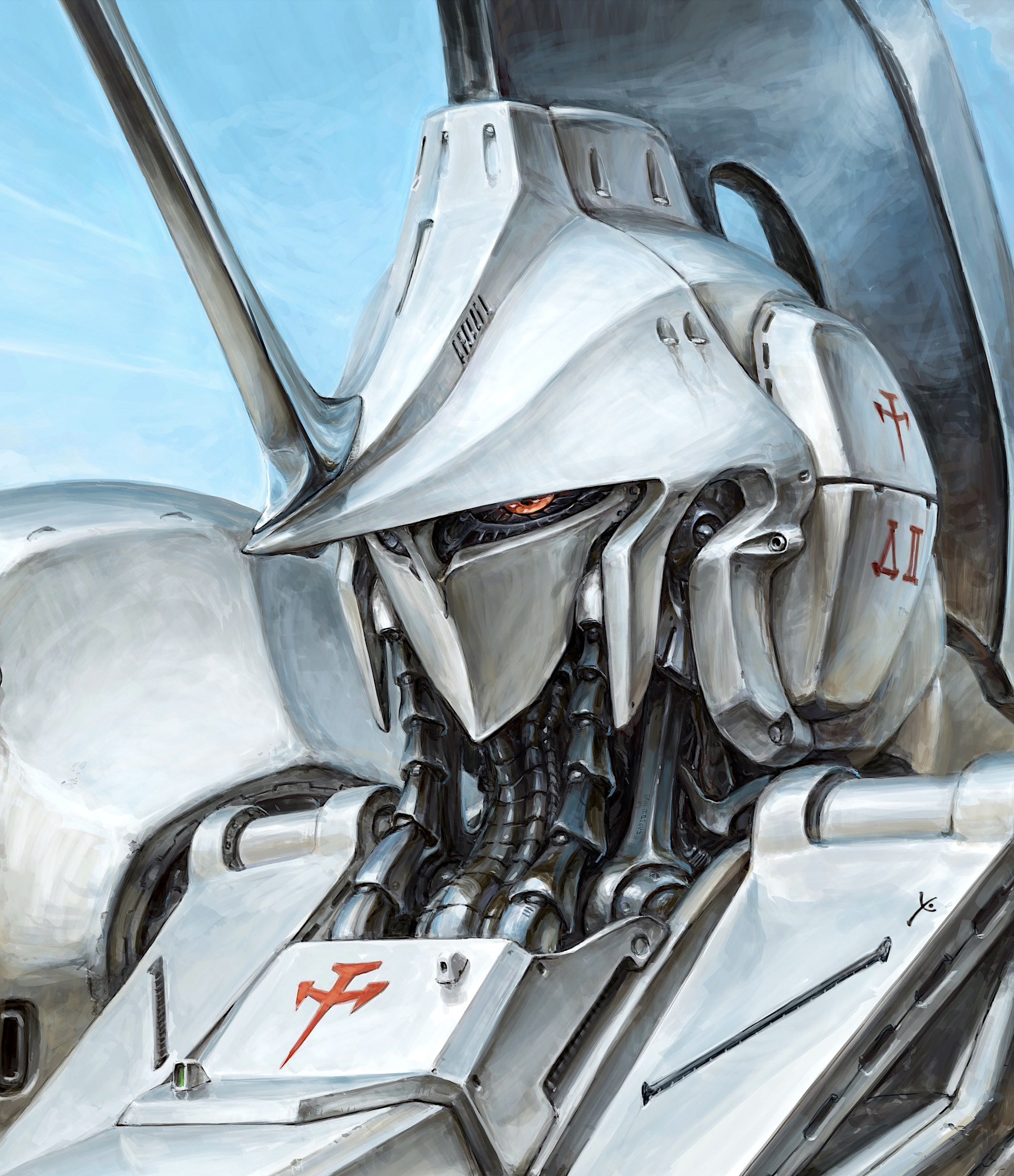 youkoumori, led mirage, five star stories, hashtag-only commentary, highres, horns, mecha, mecha focus, mortar headd, no humans, portrait, red eyes, robot, science fiction, single horn, solo