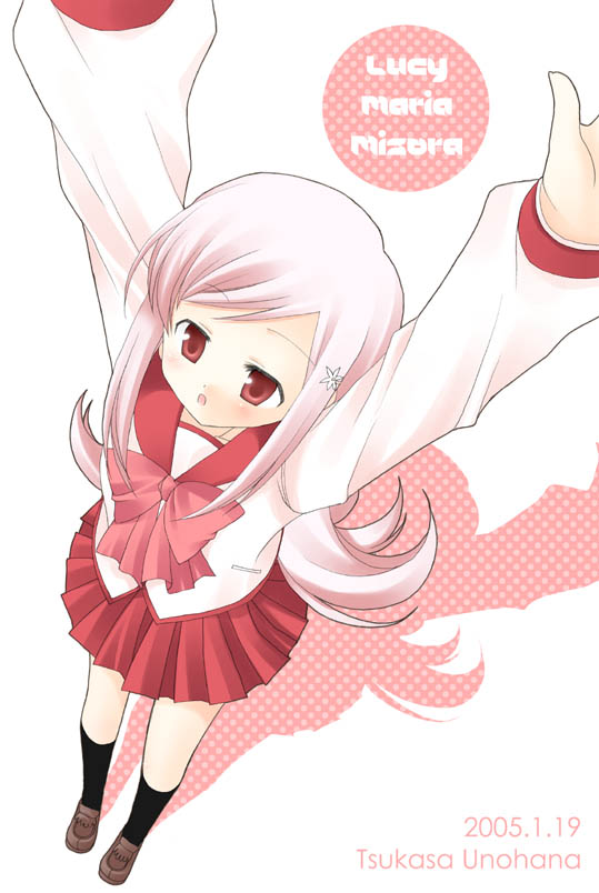 lucy maria misora, to heart (series), to heart 2, 00s, long hair, pink hair, red eyes, school uniform, serafuku, solo