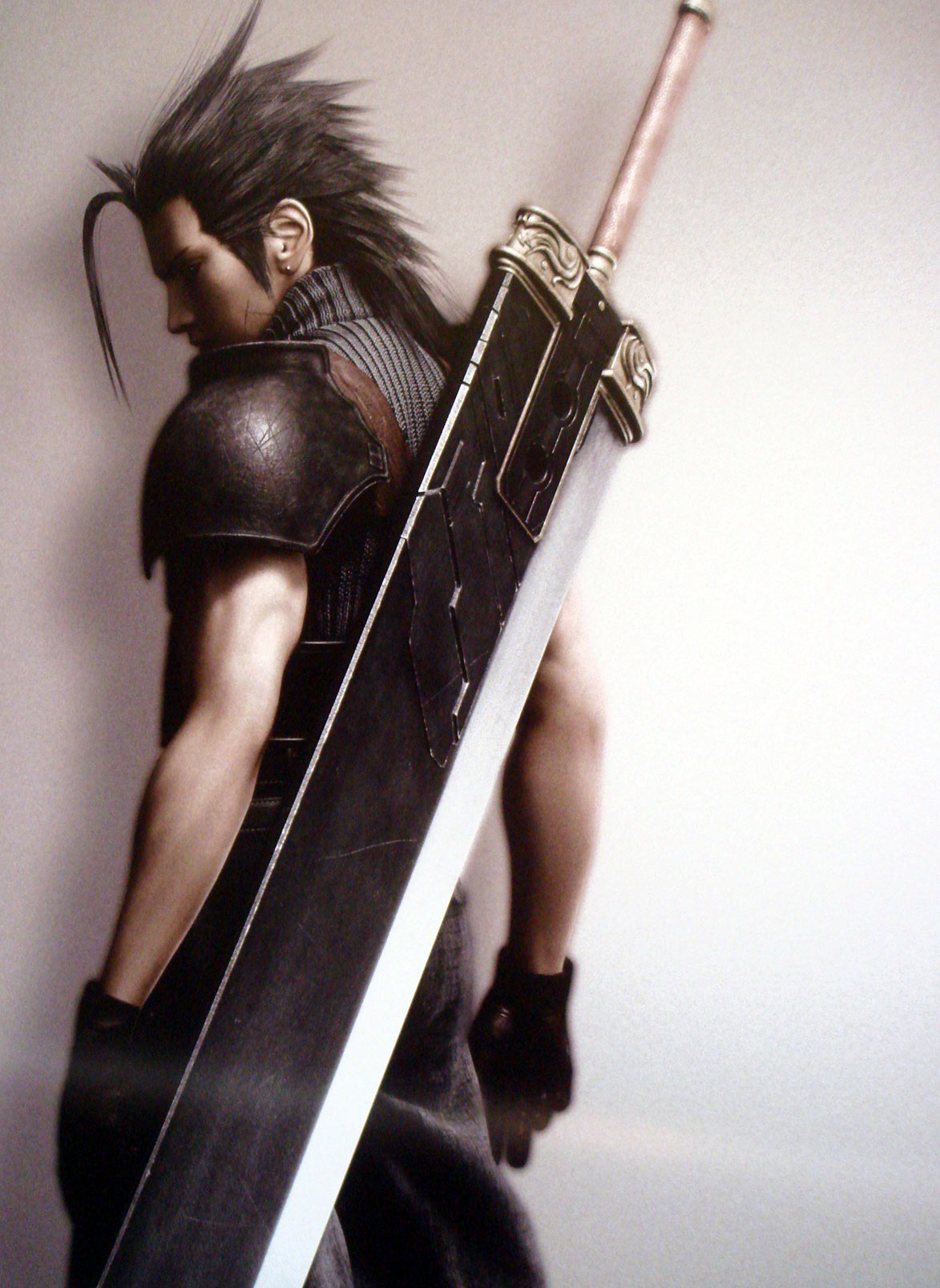 zack fair, crisis core final fantasy vii, final fantasy, final fantasy vii, final fantasy vii advent children, highres, official art, 00s, 1990s (style), 1boy, armor, black hair, brown eyes, buster sword, earrings, gloves, jewelry, male focus, scar, solo, sword, turtleneck, weapon