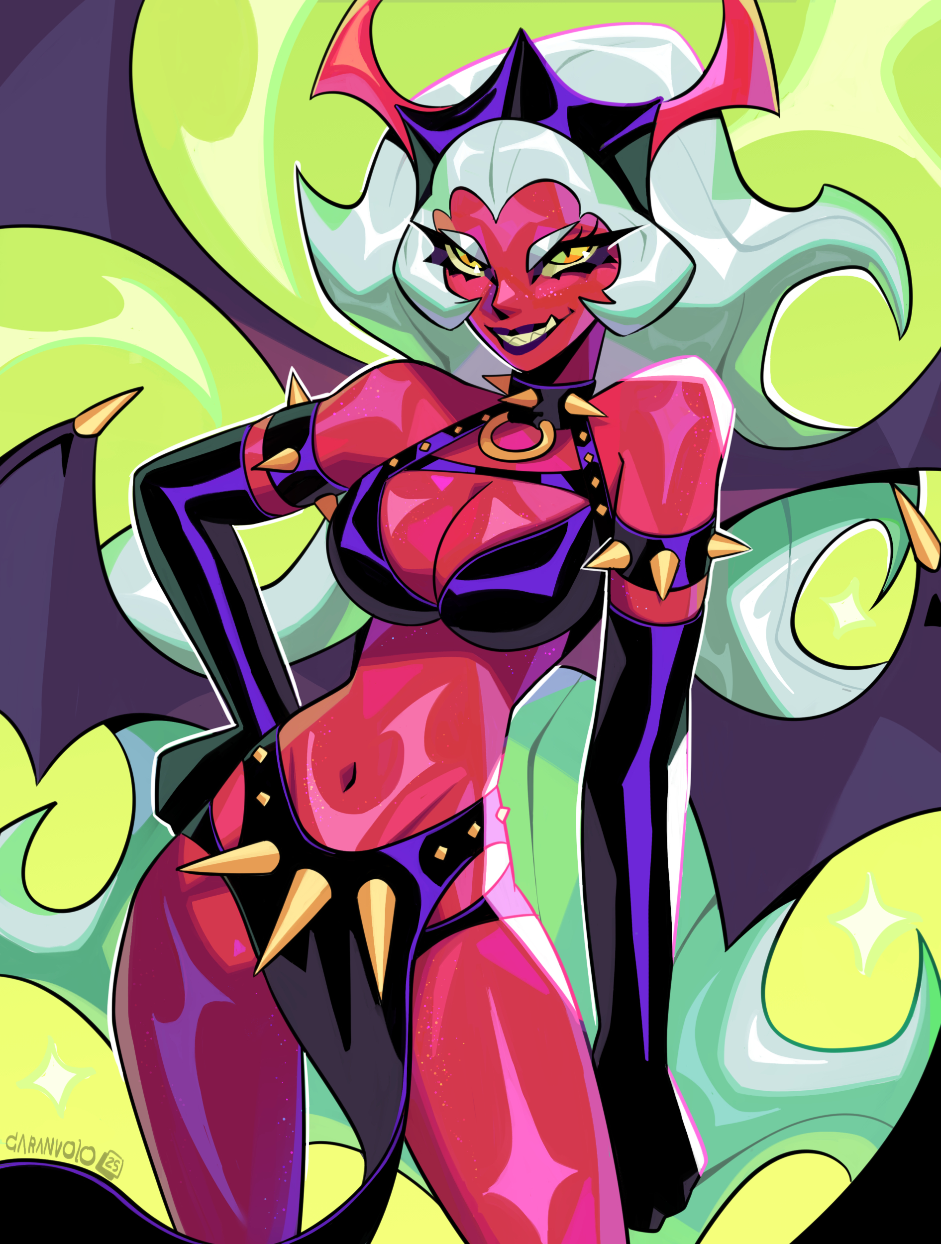 caranvolo, scanty (psg), panty & stocking with garterbelt, absurdres, highres, 1girl, arm at side, arm strap, artist name, bare shoulders, bat wings, black bra, black choker, black gloves, black lips, black loincloth, black panties, black tiara, black wings, bra, breasts, chest harness, choker, cleavage, collared halterneck, colored skin, contrapposto, cowboy shot, curvy, demon girl, demon horns, demon wings, elbow gloves, evil grin, evil smile, fang, fang out, gloves, green background, green eyes, grin, hand on own hip, hand up, hands on own stomach, harness, horns, jewelry, large breasts, leather, leather body harness, leather choker, leather gloves, leather loincloth, leather strap, long eyelashes, long hair, long horns, long sidelocks, looking at viewer, makeup, mature female, multicolored eyes, multiple wings, navel, nose, o-ring, o-ring choker, panties, pelvic curtain, pointy ears, raised eyebrows, red horns, red skin, red tail, sharp teeth, shiny clothes, shiny gloves, shiny skin, sidelocks, simple background, smile, solo, sparkle background, spiked arm strap, spiked choker, spiked gloves, spiked hair, spiked harness, spiked loincloth, spikes, standing, stomach, tail, teeth, thick thighs, thighs, tiara, two-tone eyes, underwear, v-shaped eyebrows, very long hair, wings, yellow eyes