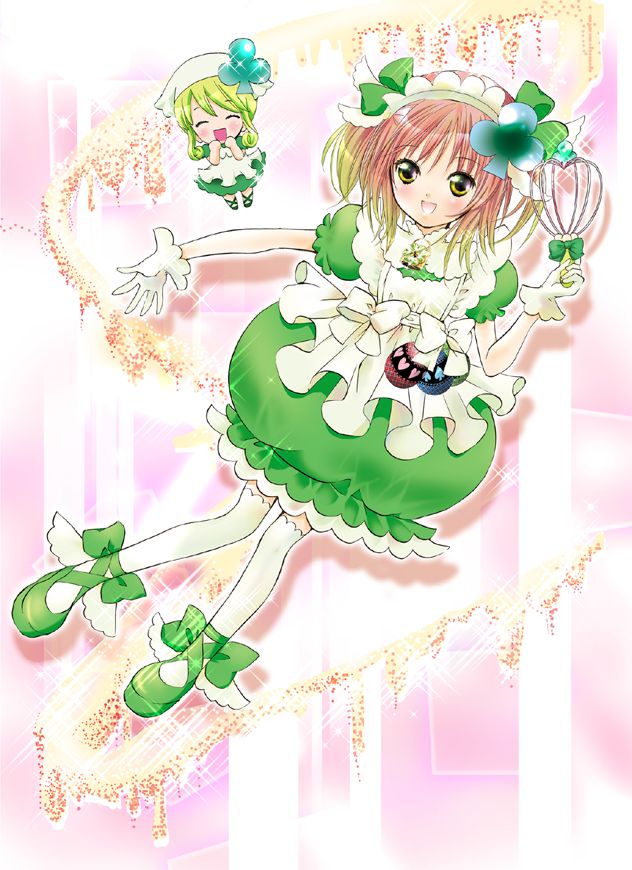 peach-pit, amulet clover, hinamori amu, suu (shugo chara!), shugo chara!, official art, scan, 2girls, apron, blonde hair, chibi, clubs, frills, gathers, gloves, happy, hat, magical girl, maid, maid apron, multiple girls, pink hair, ribbon, short hair, thighhighs, twintails