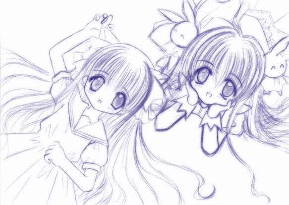 misha, misha (pita ten), uematsu koboshi, pita ten, 2girls, animal ears, cat ears, hair ornament, long hair, monochrome, multiple girls, purple theme, rabbit hair ornament