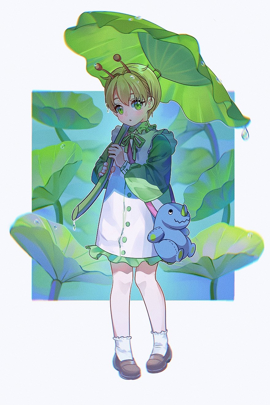 tiemoww, vamola (dandadan), dandadan, commentary, highres, 1girl, alien, alternate costume, antennae, bag, blonde hair, blush, brown shoes, dress, frills, full body, green eyes, green ribbon, green sleeves, holding, holding leaf, holding plant, holding umbrella, kaiju, leaf, leaf umbrella, long sleeves, looking at viewer, neck ribbon, parted lips, plant, puffy long sleeves, puffy sleeves, ribbon, shoes, short hair, shoulder bag, socks, solo, umbrella, water drop, white dress, white socks