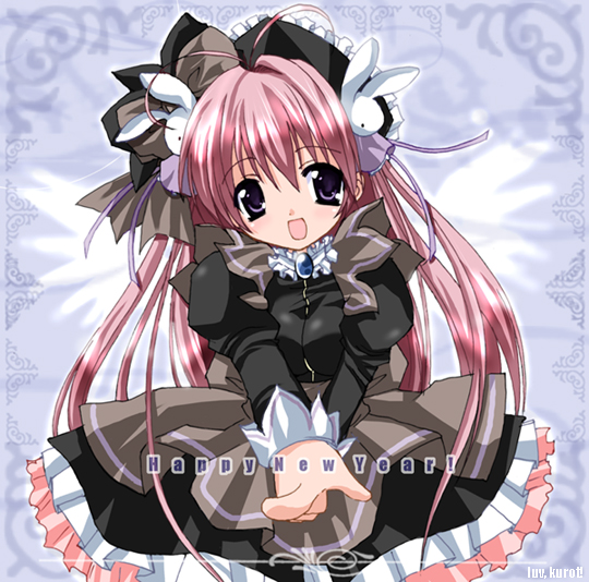 kurot, misha, misha (pita ten), pita ten, 1girl, angel, antenna hair, dress, female focus, hair ornament, happy new year, juliet sleeves, long hair, long sleeves, looking at viewer, new year, pink hair, pointing, puffy sleeves, purple eyes, rabbit, rabbit hair ornament, solo, very long hair, wings