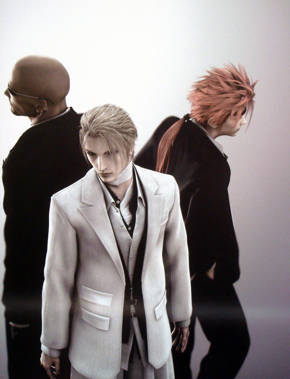 reno (ff7), rude (ff7), rufus shinra, final fantasy, final fantasy vii, final fantasy vii advent children, highres, official art, 00s, 1990s (style), 3boys, 3d, bald, bandages, blonde hair, dark skin, formal clothes, male focus, multiple boys, ponytail, red hair, retro artstyle, suit, sunglasses, turks (ff7)