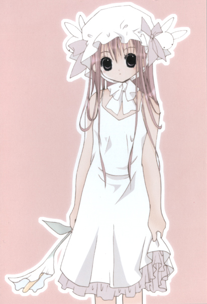 koge donbo, misha, misha (pita ten), pita ten, official art, 1girl, bare arms, chin strap, female focus, flower, hair ornament, hat, holding, holding flower, long hair, looking at viewer, mob cap, outline, pink background, pink hair, rabbit hair ornament, simple background, solo