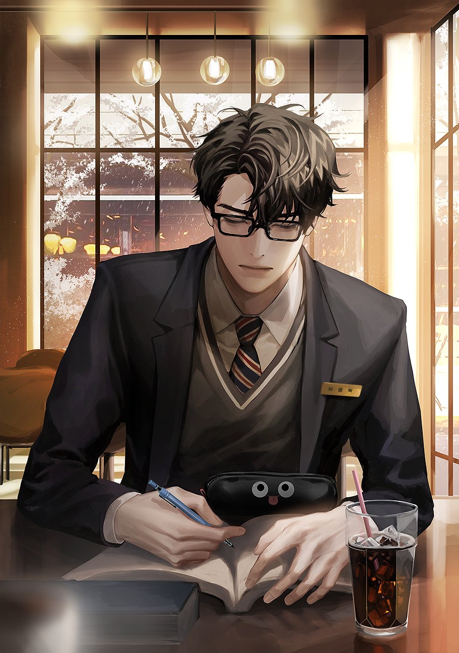 blackbox (blackbox9158), yoo joonghyuk, omniscient reader's viewpoint, highres, variant set, 1boy, alternate costume, artist self-insert, bare tree, black-vest, black coat, black hair, black suit, blurry, blurry foreground, book, ceiling light, chair, coat, cup, curtained hair, drinking straw, formal clothes, glass, glasses, holding, holding book, holding pen, indoors, male focus, name tag, necktie, night, open book, pen, pencil case, shirt, short hair, sitting, soda, solo, striped necktie, suit, table, tree, upper body, white shirt, window, winter, writing