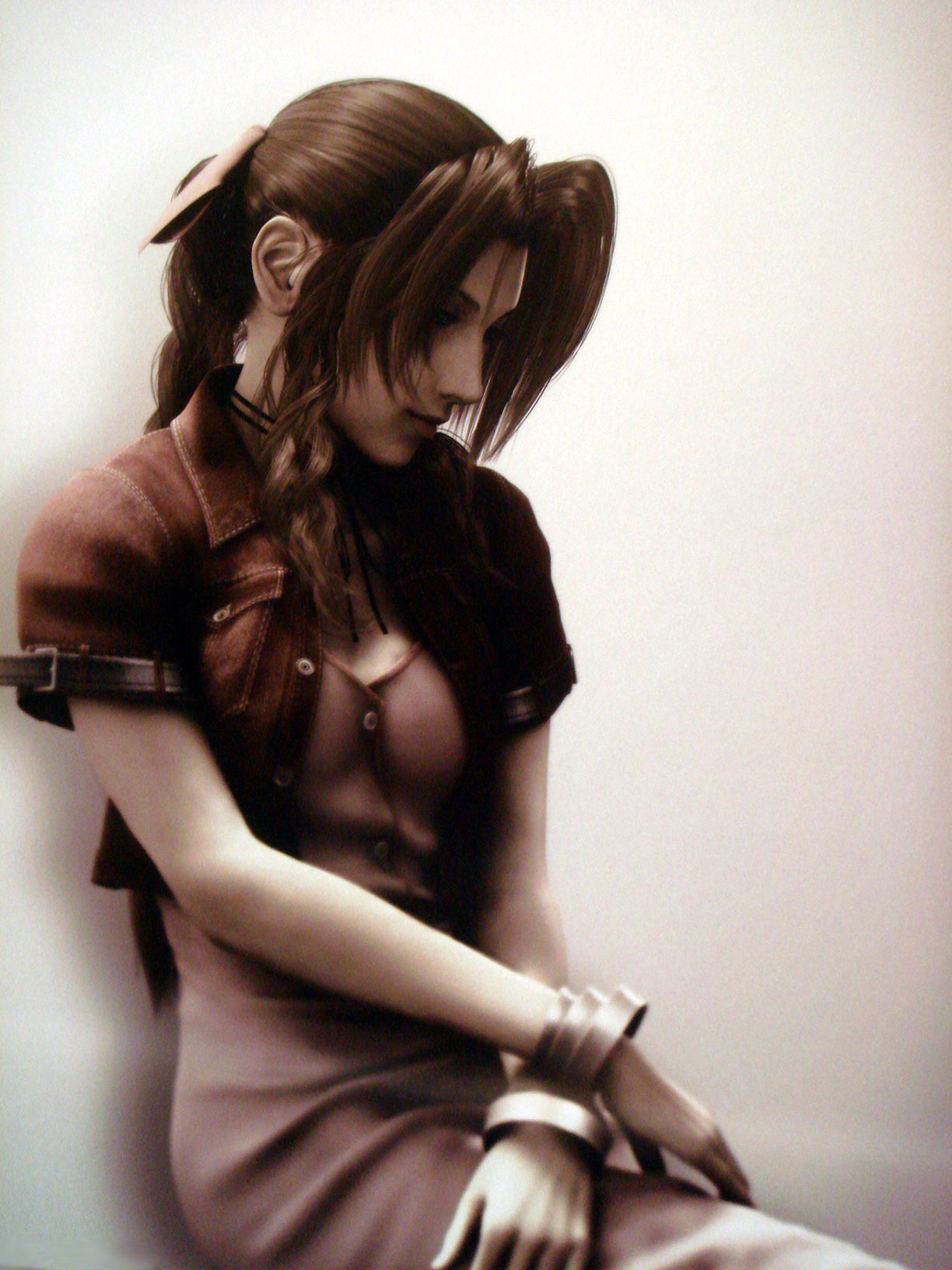 aerith gainsborough, final fantasy, final fantasy vii, highres, official art, 1990s (style), 1girl, bracelet, braid, brown hair, cropped jacket, dress, female focus, jacket, jewelry, long hair, photorealistic, realistic, retro artstyle, ribbon, single braid, sitting, solo