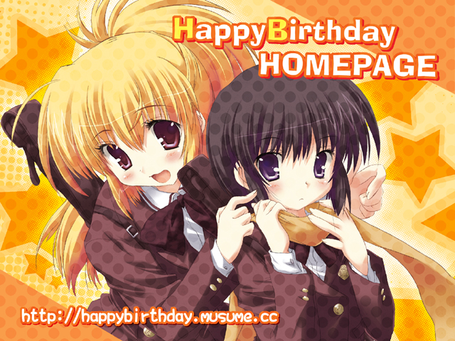 happy birthday (artist), chiba kirino, kawazoe tamaki, bamboo blade, 00s, 2girls, :d, black hair, blazer, blonde hair, blush, english text, happy birthday, jacket, long sleeves, looking at viewer, multiple girls, open mouth, orange background, purple eyes, red eyes, simple background, smile, tareme, text focus, upper body