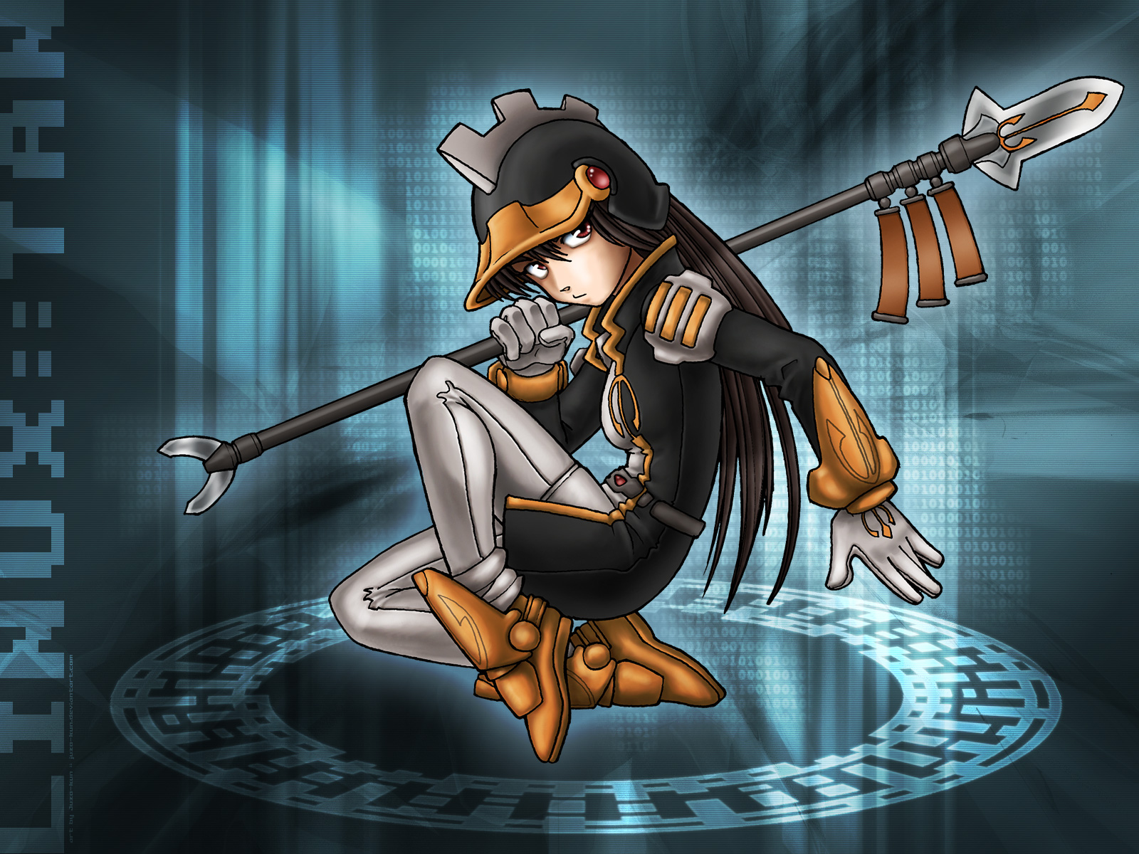 juzo-kun, kde, linux, os-tan, uniform, highres, 1girl, ankle boots, armor, binary, boots, breasts, brown boots, closed mouth, expressionless, female focus, gloves, hair between eyes, helmet, holding, holding weapon, long hair, long sleeves, looking at viewer, magic circle, on one knee, panties, polearm, red eyes, shoulder pads, small breasts, solo, spear, straight hair, underwear, very long hair, weapon, white gloves, white panties