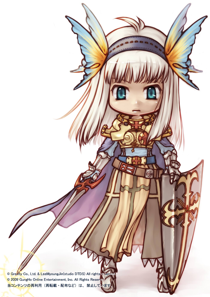 susukinohukurou, crusader (ragnarok online), ragnarok online, commentary request, 1girl, 2009, armor, armored boots, belt, blue belt, blue eyes, blue hairband, blue shirt, boots, breastplate, brown belt, brown skirt, butterfly hair ornament, cape, chibi, chibi only, closed mouth, copyright notice, cross, cross necklace, cross print, expressionless, full body, gauntlets, hair ornament, hairband, holding, holding shield, holding sword, holding weapon, jewelry, long hair, looking at viewer, necklace, pauldrons, purple cape, shield, shirt, shoulder armor, simple background, skirt, solo, standing, sword, weapon, white background, white hair