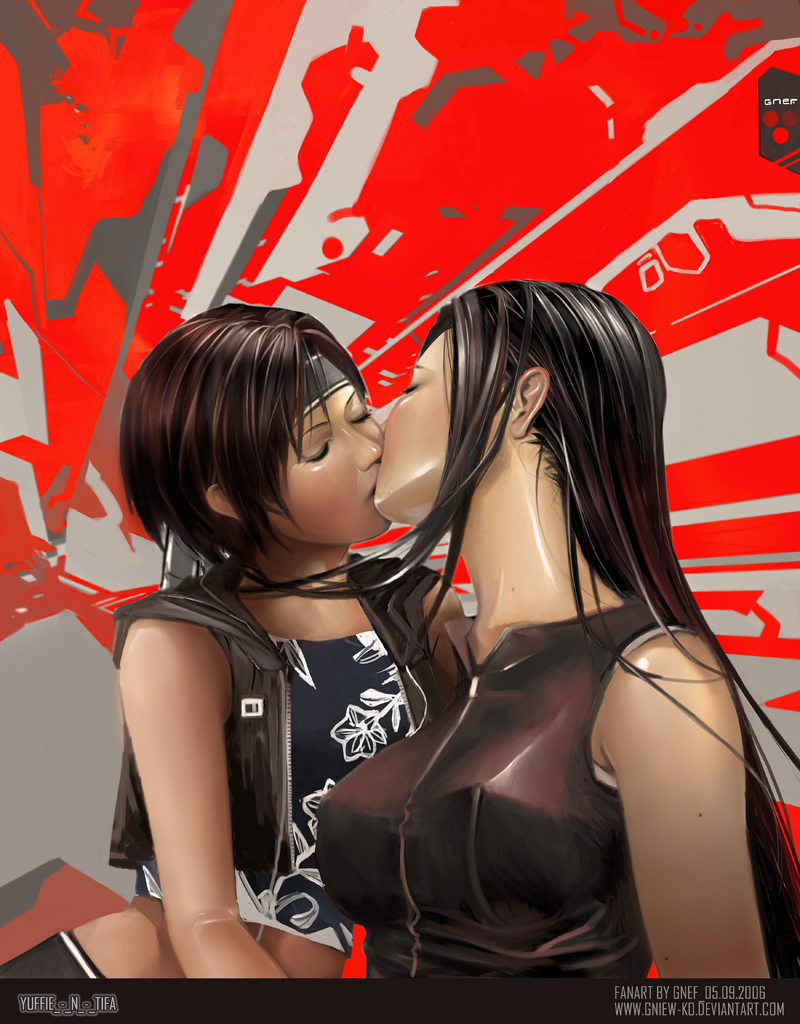 plusnine, tifa lockhart, yuffie kisaragi, final fantasy, final fantasy vii, final fantasy vii advent children, square enix, 00s, 1990s (style), 2girls, bare arms, black hair, blush, breasts, closed eyes, couple, covered erect nipples, facing another, headband, jacket, kiss, large breasts, long hair, midriff, multiple girls, ninja, realistic, retro artstyle, shiny clothes, shiny skin, shirt, short hair, skirt, upper body, vest, yuri, zipper
