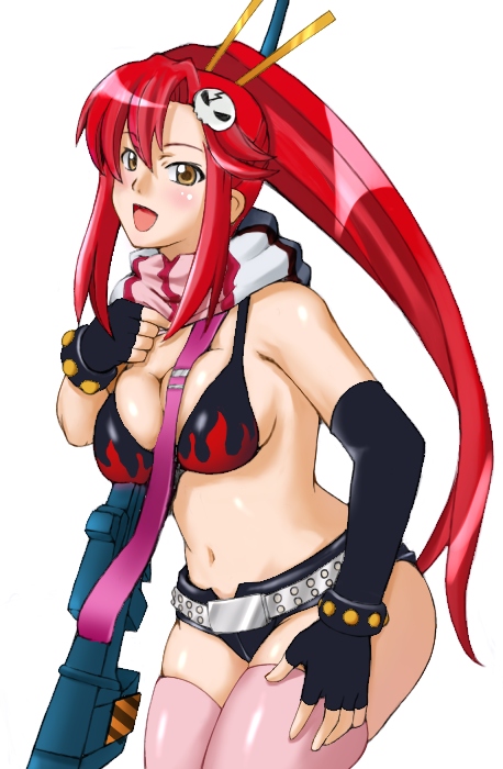 kansuke, metadora, yoko littner, tengen toppa gurren lagann, 00s, 1girl, anti-materiel rifle, belt, bikini, bikini top only, black bikini, bra, breasts, cleavage, female focus, gloves, gun, large breasts, lingerie, ponytail, red hair, rifle, scarf, shorts, sniper rifle, solo, striped clothes, striped scarf, swimsuit, thighhighs, underwear, weapon, yellow eyes, zettai ryouiki