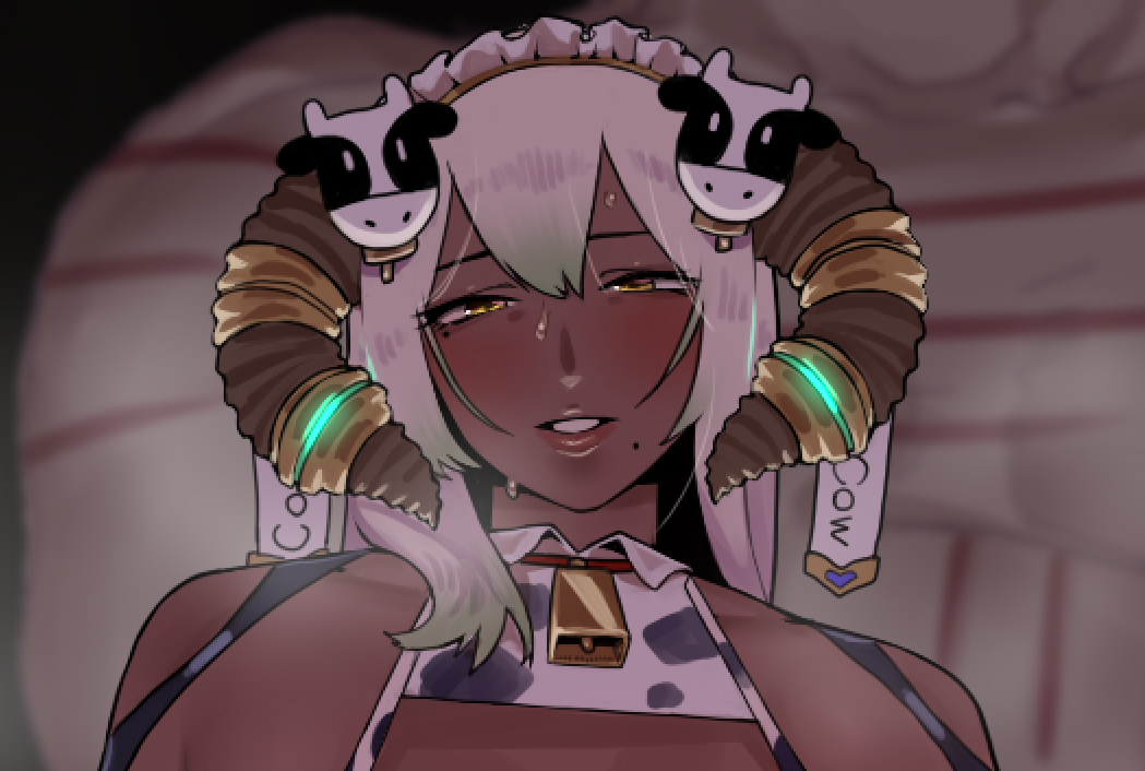 gen'en (sioherashi), original, character request, tagme, 1girl, animal print, bell, blurry, blurry background, blush, cow hair ornament, cow print, dark-skinned female, dark skin, half-closed eyes, horns, looking at viewer, maid headdress, mole, mole under eye, mole under mouth, multicolored hair, neck bell, open mouth, red lips, solo, sweat, teeth, two-tone hair, white hair, yellow eyes