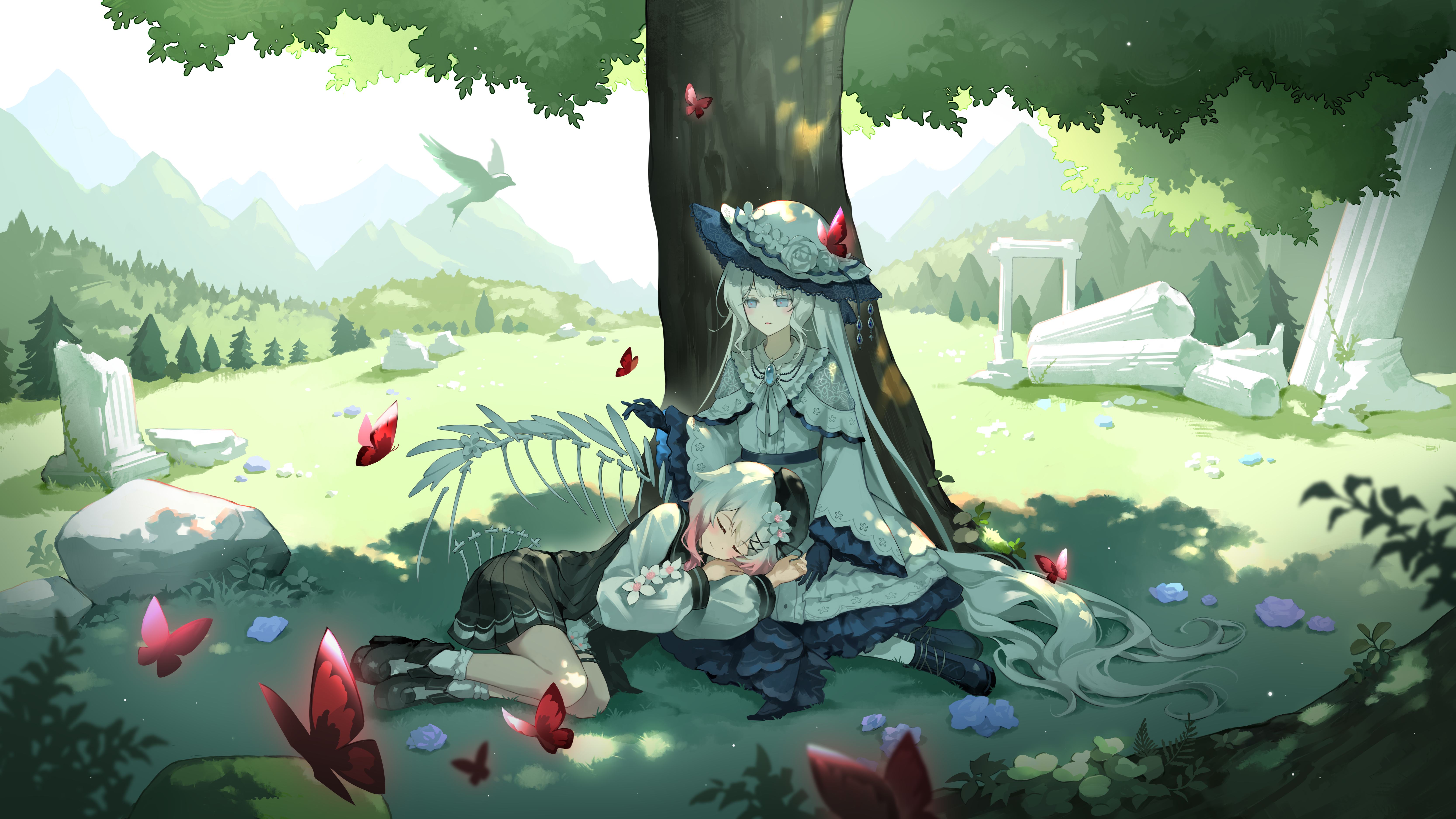 sakuraba ema, mahou shoujo no majo saiban, absurdres, artist request, chinese commentary, commentary request, commission, highres, second-party source, spoilers, 2girls, beret, bird, black hat, black shoes, bug, butterfly, closed eyes, closed mouth, column, day, dress, flower, frilled dress, frilled sleeves, frills, gradient hair, grass, hat, hat flower, insect, lap pillow, long hair, long sleeves, lying, magical girl, multicolored hair, multiple girls, outdoors, pillar, pink hair, red butterfly, rock, shoes, short hair, sitting, skeletal wings, sleeping, sleeping on person, smile, tree, tree shade, tsukishiro yuki, under tree, very long hair, white flower, white hair, white hat, wide shot, wings