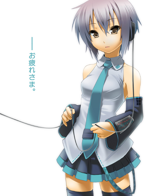 nilitsu, hatsune miku, nagato yuki, suzumiya haruhi no yuuutsu, vocaloid, silver hair, 1girl, cosplay, female focus, hatsune miku (cosplay), miniskirt, necktie, short hair, skirt, solo, thighhighs, yellow eyes, zettai ryouiki