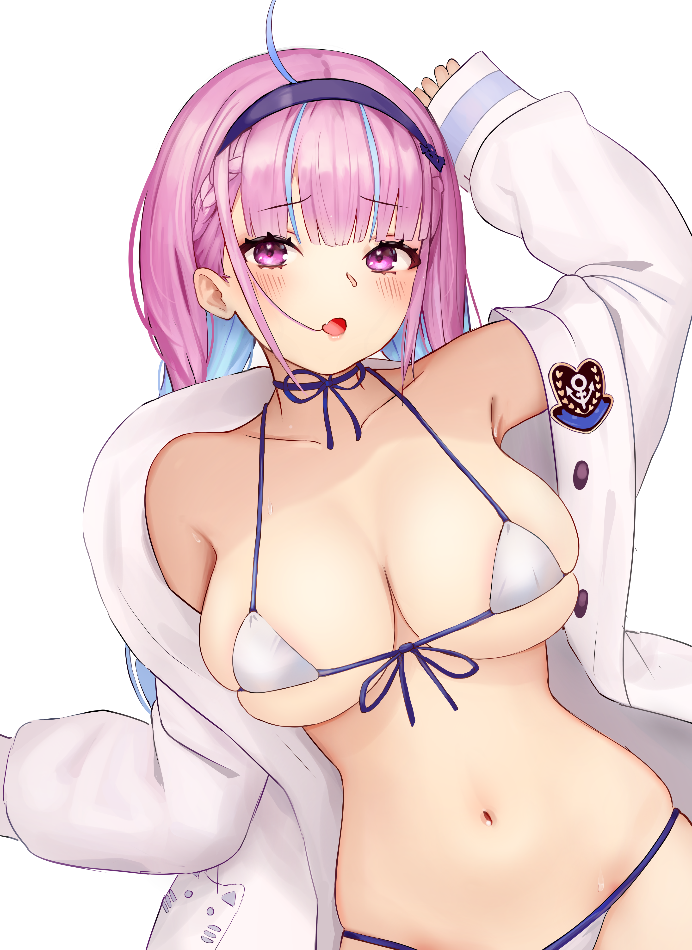 anyormal, minato aqua, hololive, absurdres, commentary, highres, 1girl, :o, ahoge, anchor print, anchor symbol, animal print, arm up, armpit peek, bare shoulders, bikini, blue hair, blush, braid, breasts, cat print, cleavage, coat, collarbone, colored inner hair, fang, front-tie bikini top, front-tie top, hairband, heart, heart in eye, large breasts, lips, long hair, long sleeves, looking at viewer, micro bikini, multicolored hair, navel, neck ribbon, open clothes, open coat, open mouth, pink eyes, pink hair, pink lips, purple hairband, purple ribbon, purple trim, ribbon, simple background, skin fang, skindentation, sleeves past wrists, solo, stomach, streaked hair, sweat, swimsuit, symbol in eye, twintails, two-tone hair, virtual youtuber, white background, white bikini, white coat