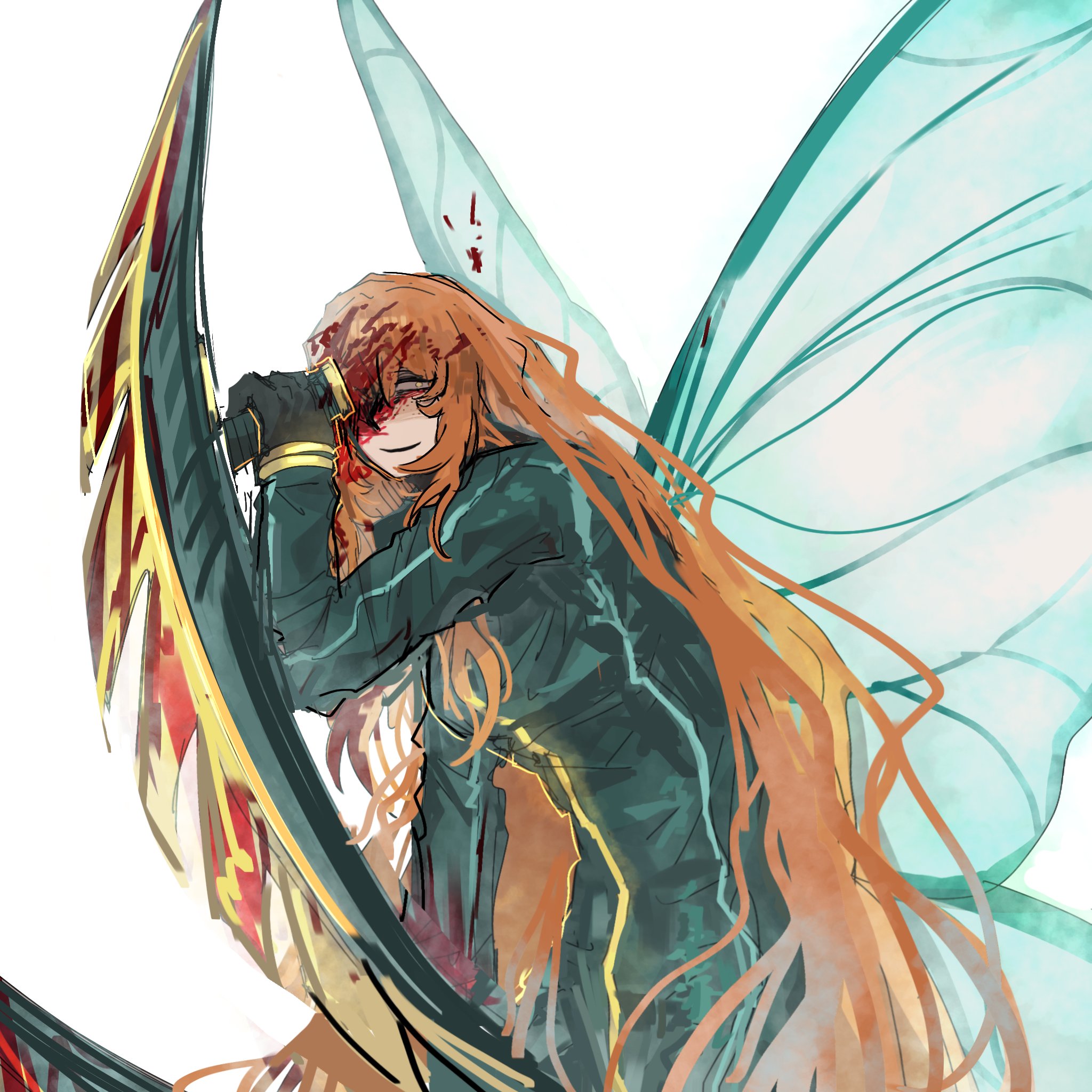 ishmael (project moon), limbus company, project moon, highres, 1girl, aqua wings, black gloves, bladed tonfa, blood, blood in hair, blood on clothes, blood on face, bodysuit, e.g.o (project moon), fairy wings, freckles, gloves, green bodysuit, long hair, long sleeves, looking at viewer, luoyerrrrr, orange hair, simple background, solo, standing, upper body, white background, wingbeat (e.g.o), wings, yellow eyes