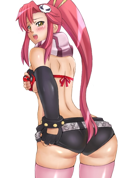 kansuke, metadora, yoko littner, tengen toppa gurren lagann, 00s, 1girl, ass, back, belt, bikini, bikini top only, blush, bra, breasts, chopsticks, elbow gloves, female focus, fingerless gloves, from behind, gloves, grabbing another's breast, groping, lingerie, long hair, looking back, open mouth, pink hair, pink thighhighs, ponytail, red hair, scarf, short shorts, shorts, skull, solo, studded belt, swimsuit, thighhighs, underboob, underwear, yellow eyes, zettai ryouiki