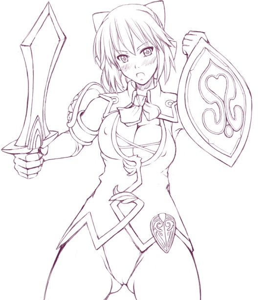 kansuke, metadora, cassandra alexandra, soul calibur, soulcalibur, soulcalibur iv, 1girl, armor, breasts, covered erect nipples, female focus, medium breasts, monochrome, panties, pantyshot, purple theme, ribbon, shield, short hair, solo, sword, underwear, weapon