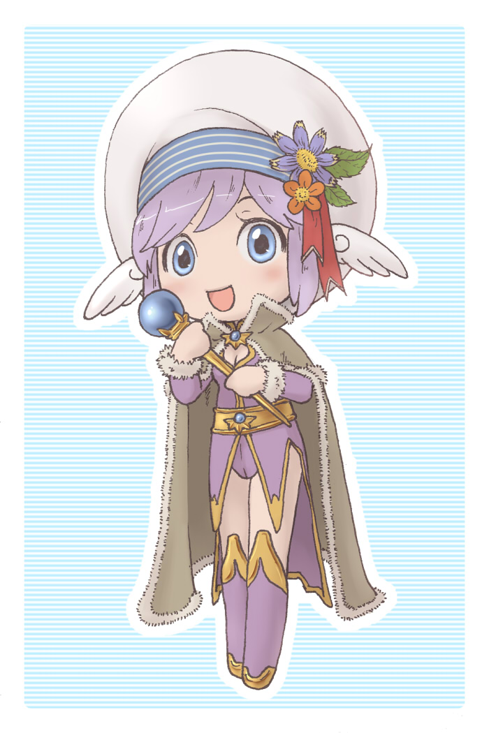susukinohukurou, wizard (ragnarok online), ragnarok online, commentary request, 1girl, :d, angel wings, blue background, blue eyes, blue flower, blush, boots, border, breasts, brown cape, cape, cleavage, dress, flower, full body, fur-trimmed cape, fur trim, gold trim, hat, hat flower, hat ornament, head wings, holding, holding staff, leaf hat ornament, looking at viewer, open mouth, purple boots, purple dress, purple hair, red flower, short dress, short hair, small breasts, smile, solo, staff, standing, striped background, tam (ragnarok online), white border, white hat, white wings, wings