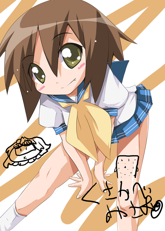 kusakabe misao, lucky star, translated, 00s, bent over, brown hair, fang, school uniform, serafuku, short hair, solo, yellow eyes