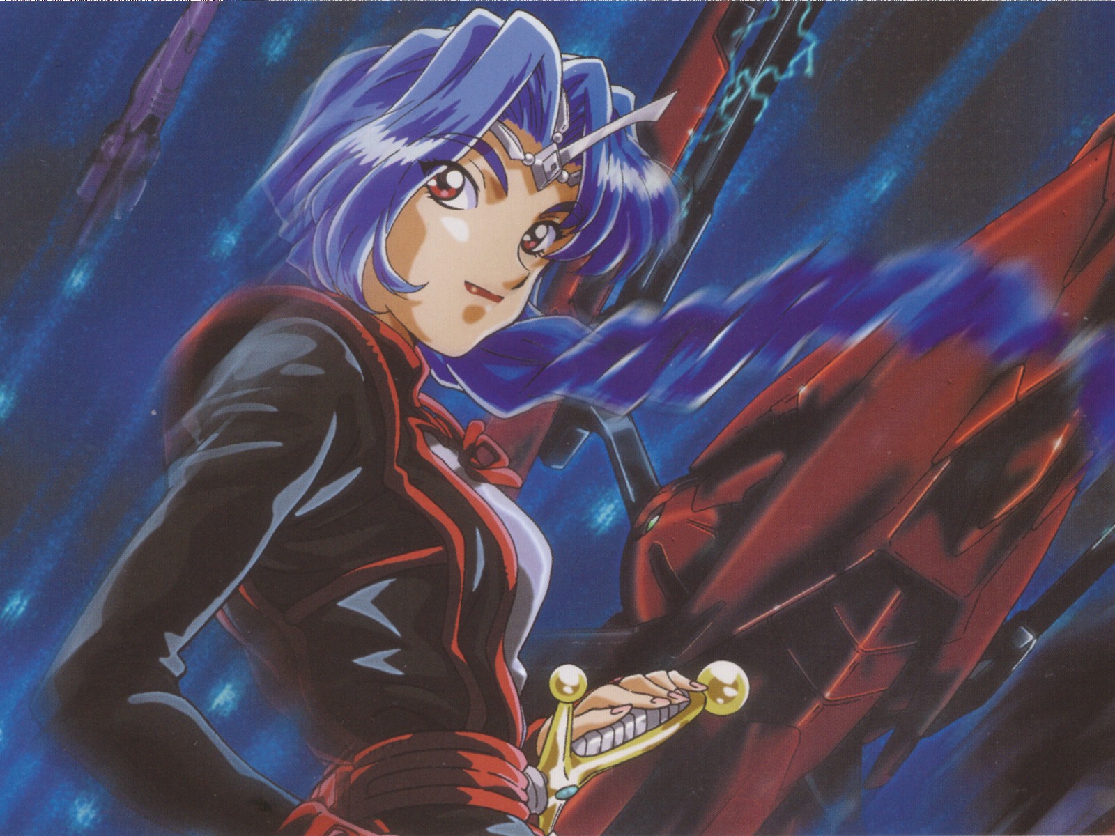 spoor, seikai no senki, highres, 1girl, blue hair, braid, female focus, pointy ears, red eyes, solo, space