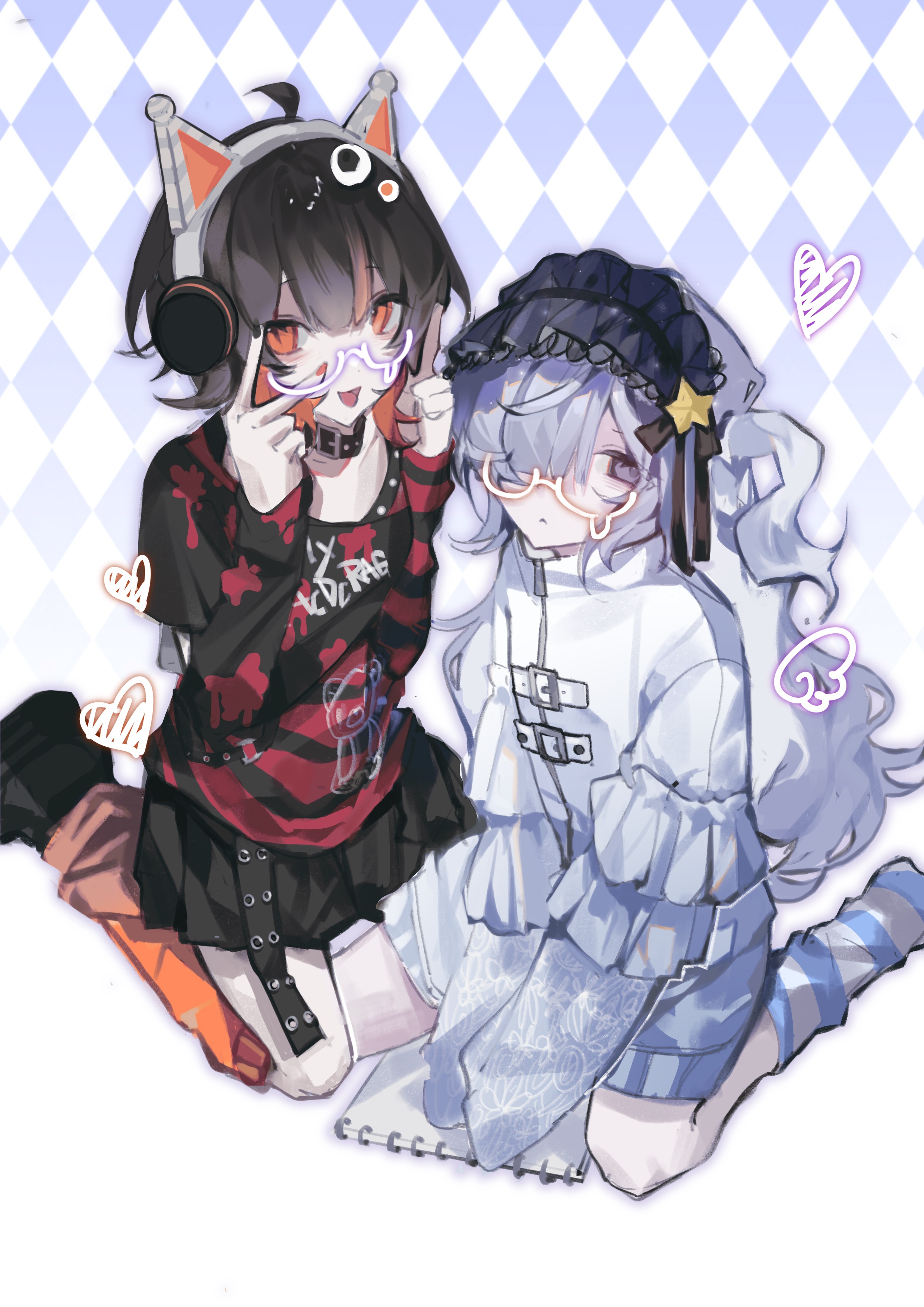 natsume anan, mahou shoujo no majo saiban, absurdres, highres, 2girls, alternate costume, animal ears, argyle background, black collar, black hair, black shoes, black skirt, closed mouth, collar, drawn wings, fake animal ears, full body, glasses, hair over one eye, hairband, headphones, jacket, leg warmers, lolita hairband, long hair, long sleeves, looking at viewer, multicolored hair, multiple girls, open mouth, orange eyes, red sweater, saitensei, sawatari koko, shoes, sitting, skirt, sleeves past fingers, sleeves past wrists, smile, star (symbol), streaked hair, striped clothes, striped sweater, sweater, v, white hair, white jacket