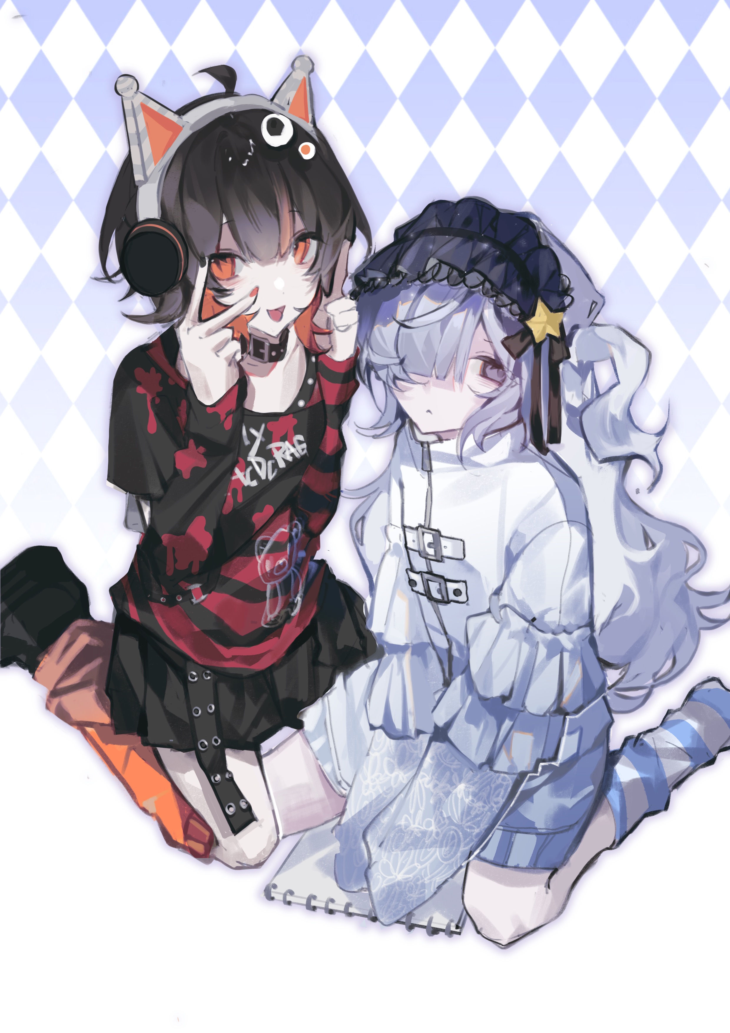 natsume anan, mahou shoujo no majo saiban, absurdres, highres, 2girls, alternate costume, animal ears, argyle background, black collar, black hair, black shoes, black skirt, closed mouth, collar, fake animal ears, full body, hair over one eye, hairband, headphones, jacket, leg warmers, lolita hairband, long hair, long sleeves, looking at viewer, multicolored hair, multiple girls, open mouth, orange eyes, red sweater, saitensei, sawatari koko, shoes, sitting, skirt, sleeves past fingers, sleeves past wrists, smile, star (symbol), streaked hair, striped clothes, striped sweater, sweater, v, white hair, white jacket