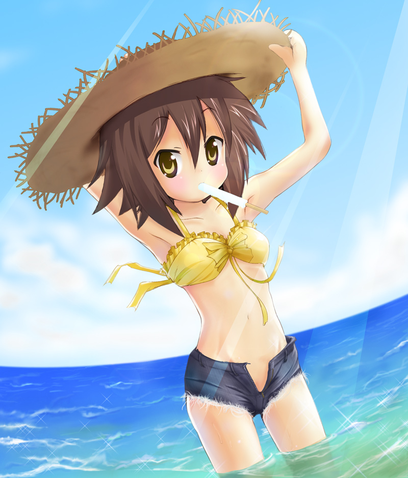 kusakabe misao, lucky star, 00s, brown hair, cutoffs, denim, denim shorts, food, hat, ocean, open fly, popsicle, short hair, shorts, solo, straw hat, unzipped, yellow eyes