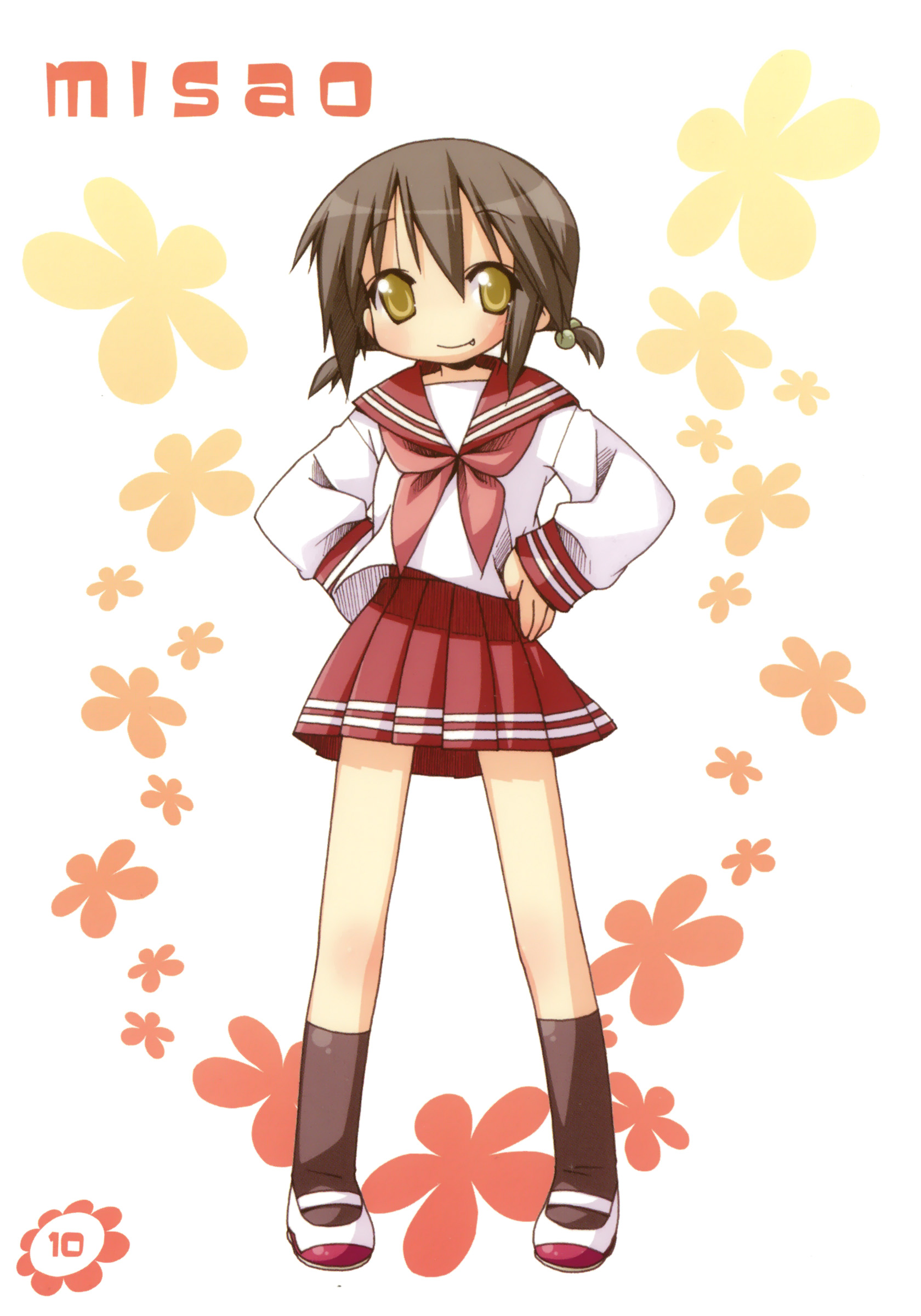 kusakabe misao, lucky star, absurdres, highres, 00s, brown hair, fang, school uniform, serafuku, short hair, solo, twintails, yellow eyes