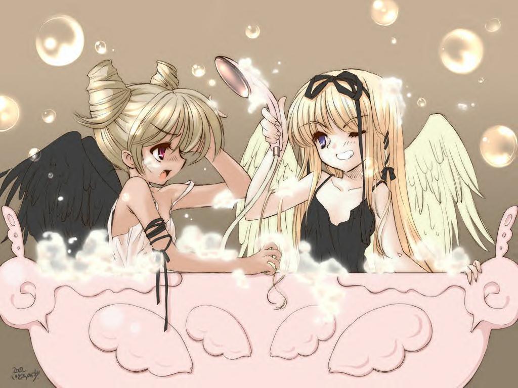 ito noizi, jpeg artifacts, non-web source, bath, blonde hair, bubble, one eye closed, ribbon, smile, wings, wink