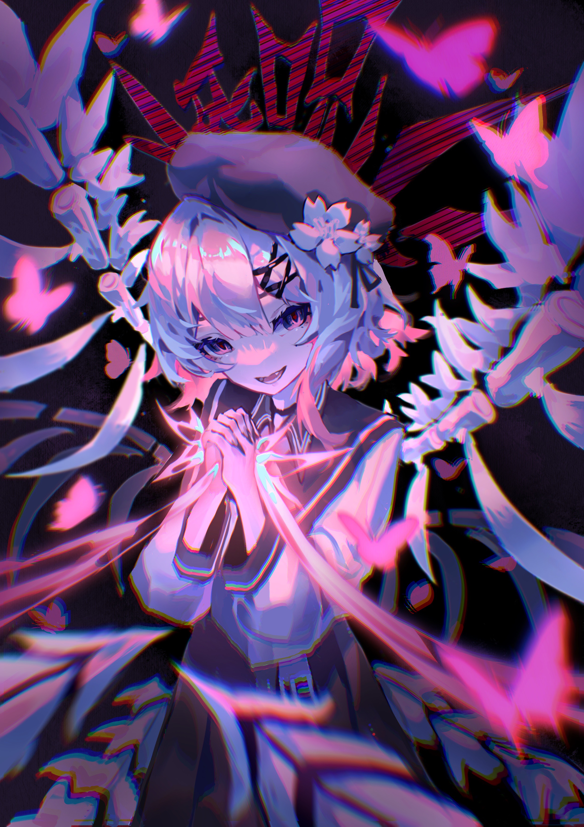 sakuraba ema, mahou shoujo no majo saiban, absurdres, chinese commentary, commentary request, highres, spoilers, 1girl, beret, black background, black hat, black nails, blurry, blurry foreground, bug, butterfly, chromatic aberration, dark persona, fingernails, flower, glowing, gradient hair, hair flower, hair ornament, hand on own hip, hands up, hat, heavy chromatic aberration, insect, interlocked fingers, long sleeves, looking at viewer, magical girl, multicolored hair, open mouth, pink eyes, pink hair, sharp fingernails, short hair, skeletal wings, smile, solo, standing, white flower, white hair, wings, x hair ornament, xiao xiao xiaoye lu
