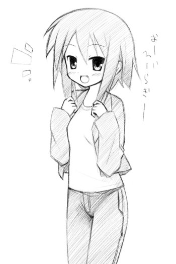kusakabe misao, lucky star, translated, 00s, fang, greyscale, jacket, monochrome, short hair, sketch, solo