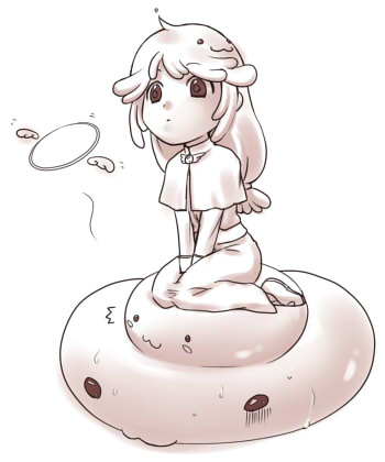 susukinohukurou, acolyte (ragnarok online), poring, ragnarok online, commentary request, lowres, 1girl, :3, capelet, closed mouth, dress, expressionless, full body, greyscale, halo, long sleeves, monochrome, simple background, sitting, slime (creature), solo, wariza, winged halo