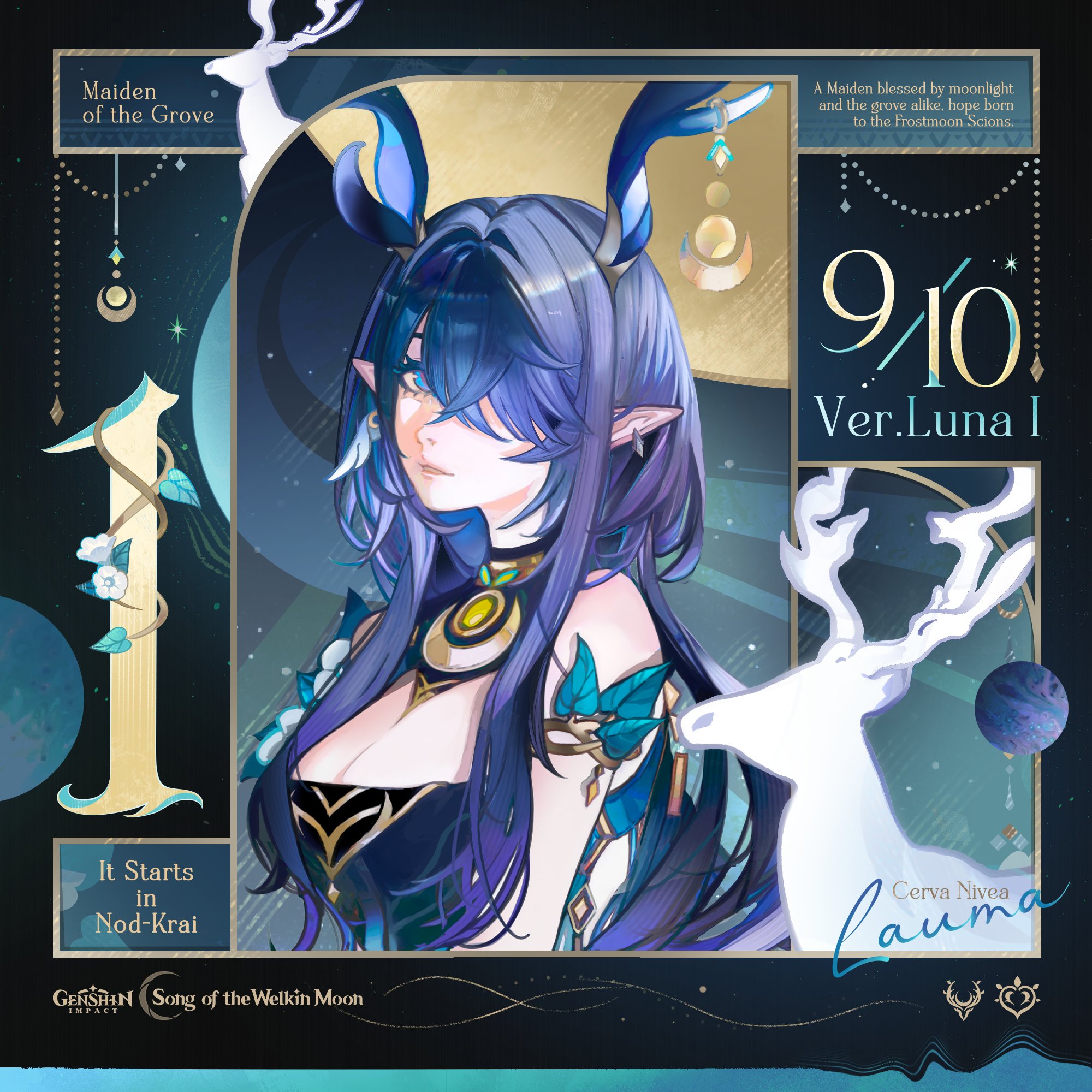 john kafka, lauma (genshin impact), genshin impact, highres, second-party source, 1girl, antlers, bare shoulders, blue eyes, blue hair, breasts, cleavage, horns, large breasts, long hair, looking at viewer, parted lips, pointy ears, solo, upper body