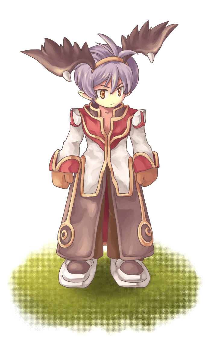 susukinohukurou, high priest (ragnarok online), ragnarok online, commentary request, 1boy, black wings, brown gloves, brown pants, closed mouth, coat, demon wings, expressionless, full body, gloves, gold trim, grey shoes, head wings, long sleeves, looking afar, male focus, multicolored coat, orange eyes, pants, pointy ears, purple hair, red coat, shoes, short hair, simple background, solo, two-tone coat, v-shaped eyebrows, white background, white coat, wings