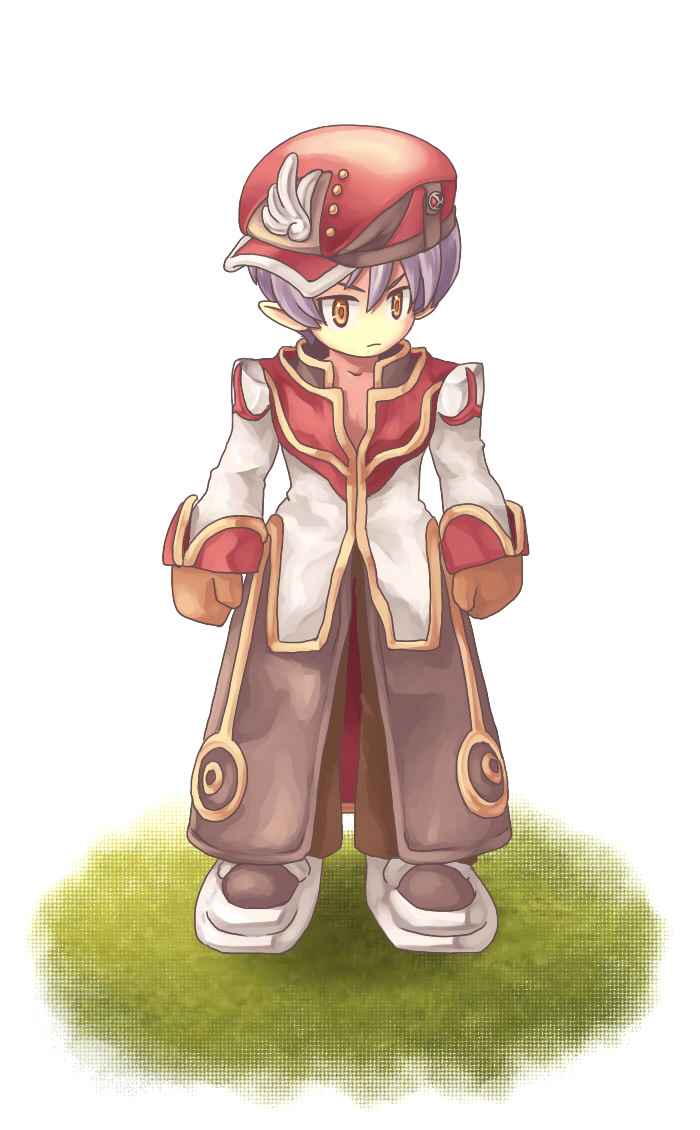 susukinohukurou, high priest (ragnarok online), ragnarok online, commentary request, 1boy, brown gloves, brown pants, closed mouth, coat, expressionless, full body, gloves, gold trim, grey shoes, hat, long sleeves, looking afar, male focus, multicolored coat, newsboy cap, orange eyes, pants, pointy ears, purple hair, red coat, red hat, shoes, short hair, sideways hat, simple background, solo, two-tone coat, v-shaped eyebrows, white background, white coat