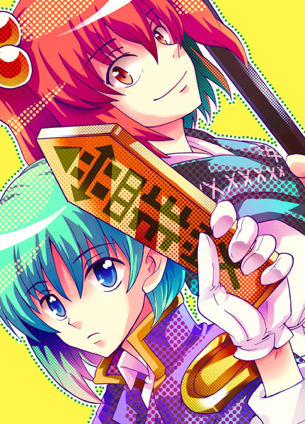 taki tarou, takitarou, onozuka komachi, shiki eiki, touhou, 2girls, blue eyes, closed mouth, female focus, green hair, hair bobbles, hair ornament, holding, holding weapon, letra, looking at viewer, multiple girls, polearm, red eyes, red hair, rod of remorse, short hair, short twintails, simple background, smile, staff, twintails, two side up, upper body, weapon, yellow background