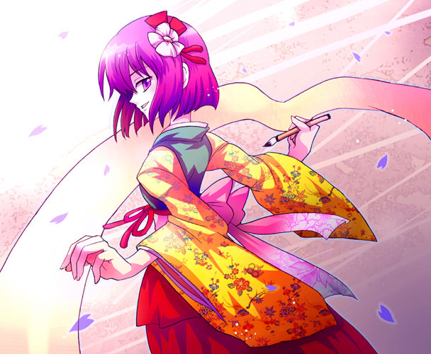 taki tarou, takitarou, hieda no akyuu, perfect memento in strict sense, touhou, 1girl, calligraphy, female focus, flower, hair flower, hair ornament, japanese clothes, letra, petals, purple eyes, purple hair, scroll, solo