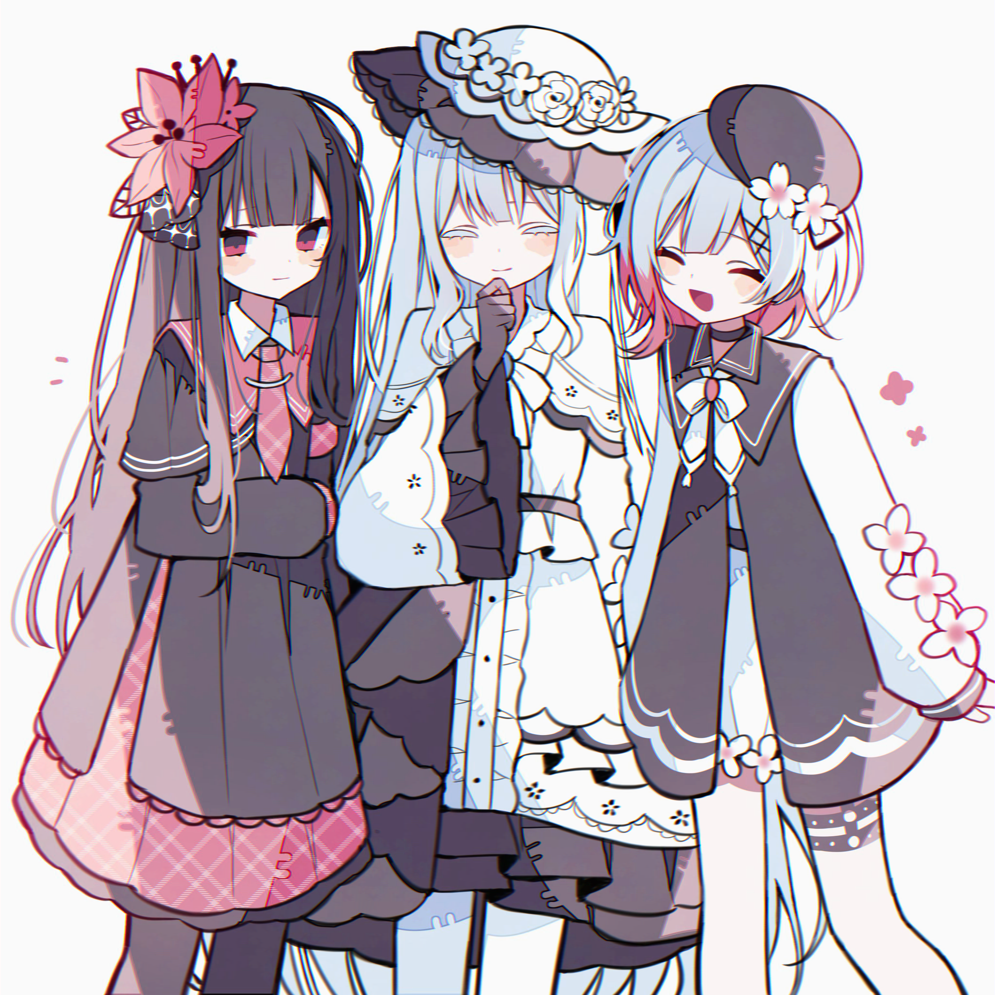 suisei (su rkgk), nikaidou hiro, sakuraba ema, mahou shoujo no majo saiban, commentary request, highres, spoilers, 3girls, :d, ^ ^, beret, black dress, black gloves, black hair, black hat, blunt bangs, closed eyes, closed mouth, dress, feet out of frame, flower, frilled dress, frilled sleeves, frills, gloves, hair flower, hair ornament, hand on own chin, hat, hat flower, long hair, long sleeves, looking at viewer, magical girl, multicolored hair, multiple girls, necktie, open mouth, pink hair, red eyes, red flower, red necktie, short hair, simple background, smile, standing, tsukishiro yuki, white background, white dress, white flower, white hair, white hat, x hair ornament