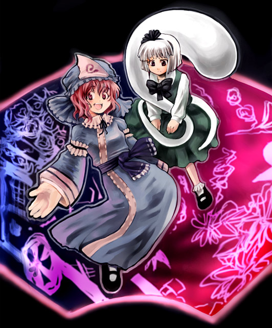 tako (plastic protein), konpaku youmu, konpaku youmu (ghost), saigyouji yuyuko, touhou, 2girls, female focus, goshoguruma, hat, japanese clothes, multiple girls, pink hair, red eyes, saigyouji yuyuko's fan design, shippou (pattern)