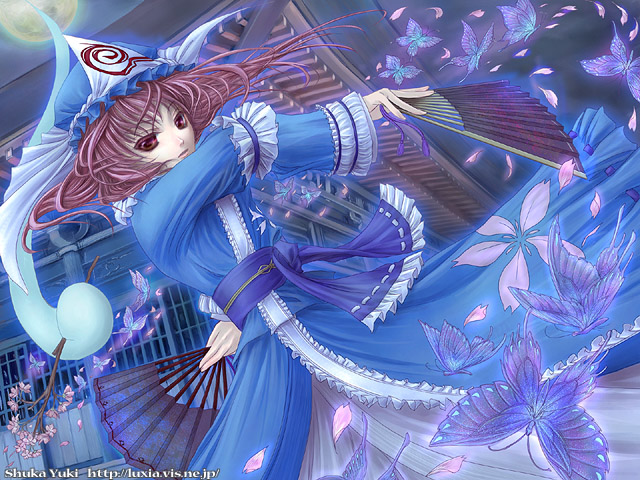 yuki shuuka, saigyouji yuyuko, touhou, 1girl, arm garter, bug, butterfly, cowboy shot, dutch angle, female focus, fighting stance, floating, folding fan, frills, ghost, hand fan, hat, hitodama, holding, long sleeves, mob cap, short hair, solo, standing, triangular headpiece, wide sleeves