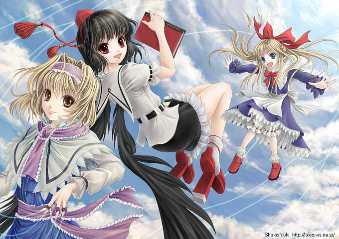 yuki shuuka, alice margatroid, shameimaru aya, shanghai doll, touhou, 2girls, female focus, geta, hat, multiple girls, tengu-geta
