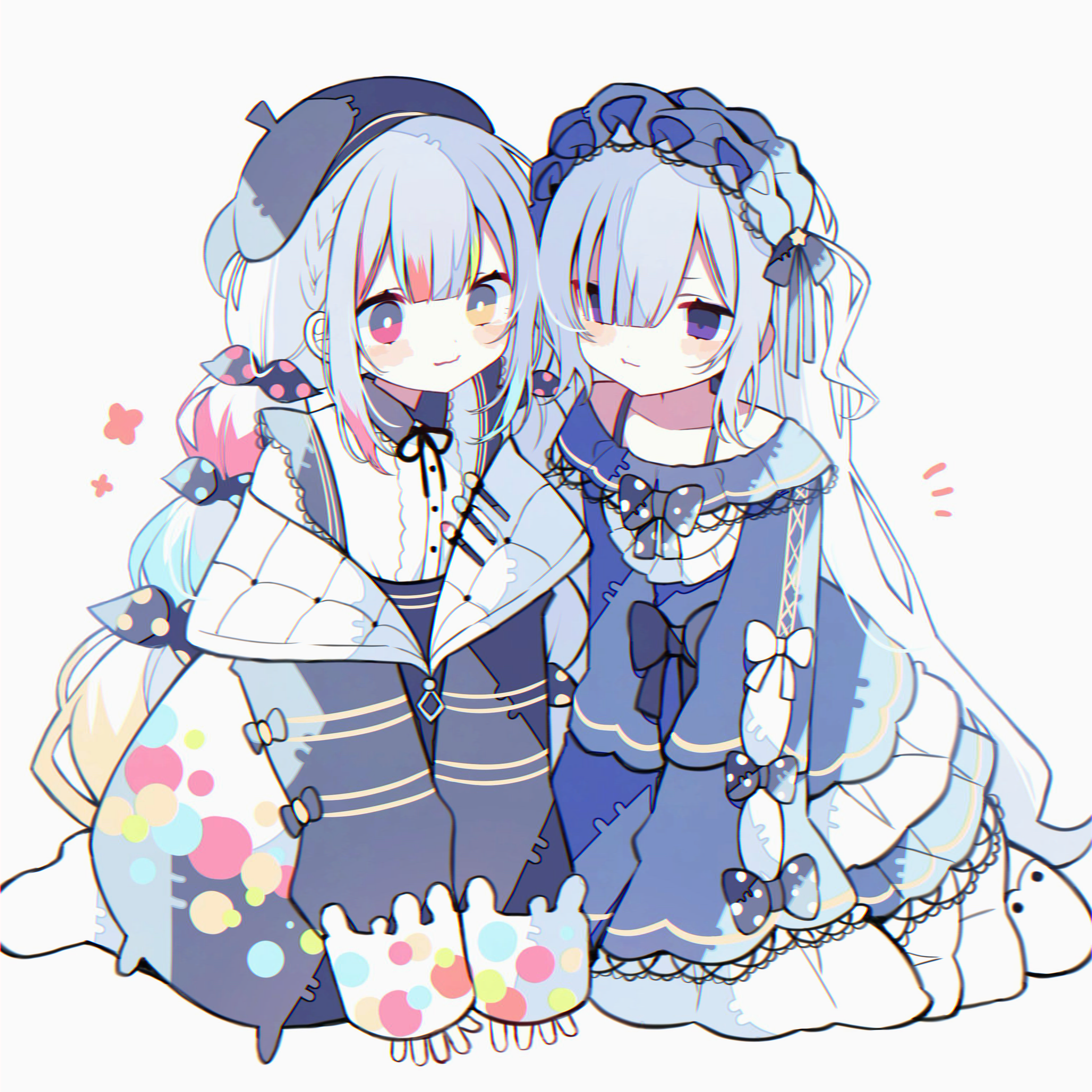 suisei (su rkgk), jougasaki noa, natsume anan, mahou shoujo no majo saiban, commentary request, highres, 2girls, beret, black bow, black hair, bow, dress, empty eyes, frilled dress, frills, gothic lolita, hairband, hat, heterochromia, kneeling, lolita fashion, lolita hairband, long hair, magical girl, multi-tied hair, multicolored hair, multiple girls, paint splatter, polka dot, polka dot bow, purple dress, purple eyes, simple background, sleeves past fingers, sleeves past wrists, tied sleeves, very long hair, white background, white hair