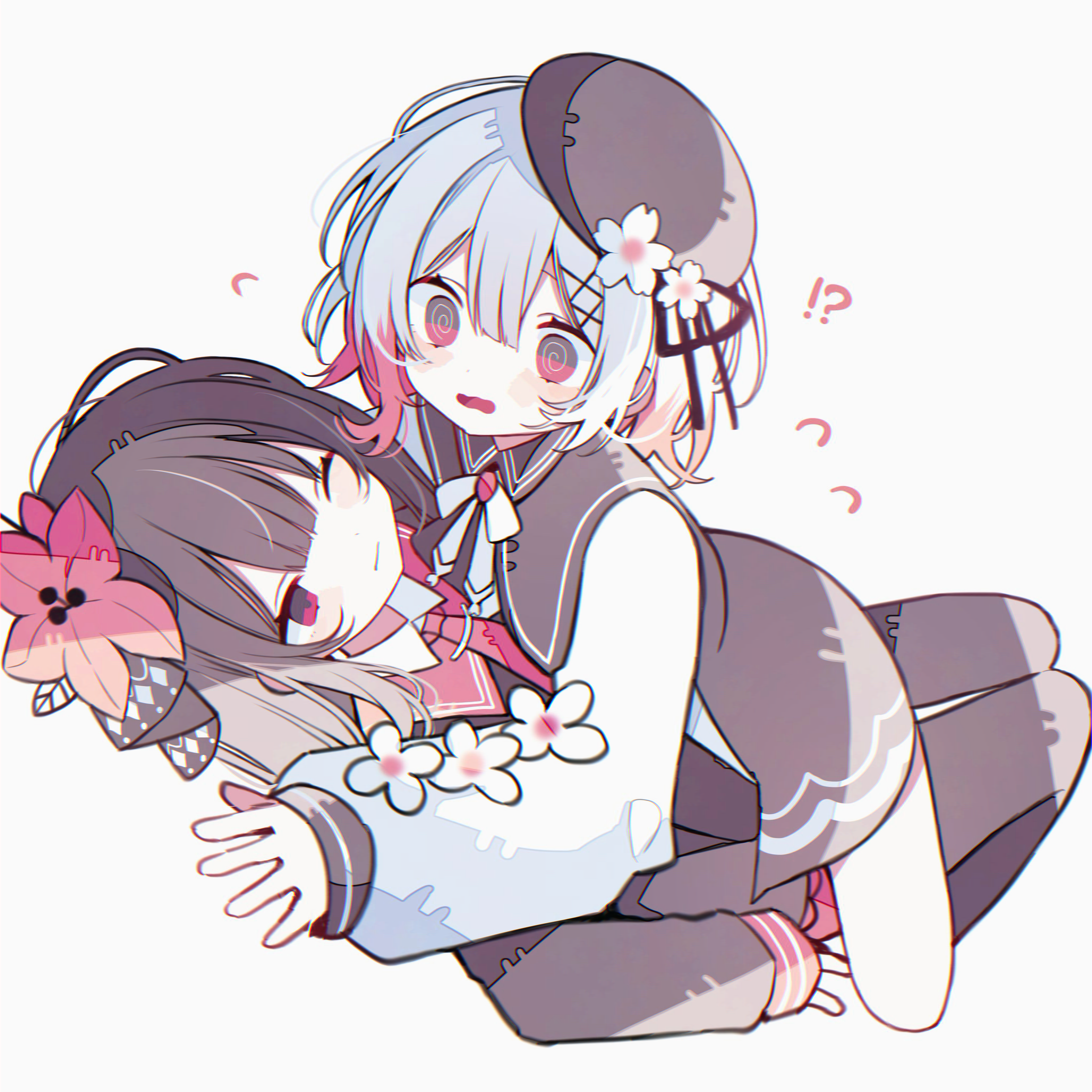 suisei (su rkgk), nikaidou hiro, sakuraba ema, mahou shoujo no majo saiban, commentary request, highres, 2girls, @ @, beret, black hair, black hat, confused, flower, gradient hair, hair flower, hair ornament, hat, long hair, long sleeves, lying, magical girl, multicolored hair, multiple girls, necktie, on back, open mouth, pink eyes, pink hair, red eyes, red flower, red necktie, short hair, simple background, white background, white flower, white hair, x hair ornament, yuri