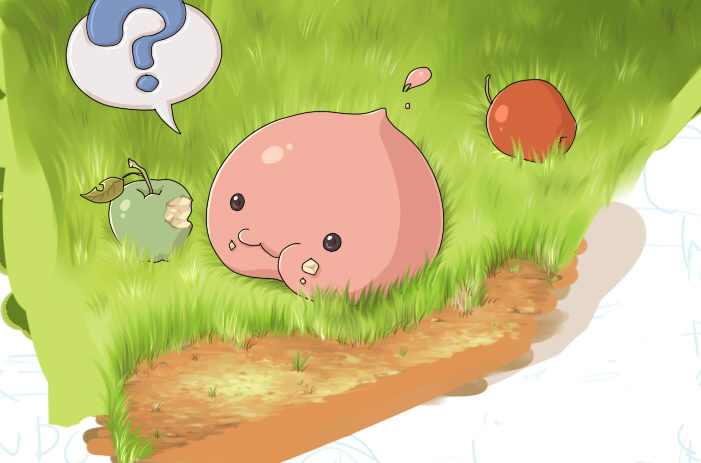 susukinohukurou, poring, ragnarok online, commentary request, unfinished, :3, ?, apple, eating, food, food on face, fruit, grass, green apple, no humans, outdoors, slime (creature), spoken question mark