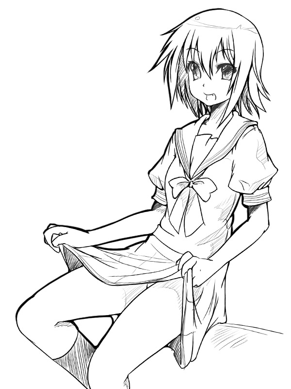 abubu, kusakabe misao, lucky star, 00s, 1girl, clothes lift, fang, female focus, greyscale, monochrome, panties, pantyshot, school uniform, serafuku, short hair, simple background, skirt, skirt lift, solo, underwear