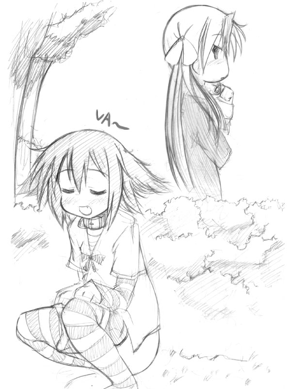 abubu, hiiragi kagami, kusakabe misao, lucky star, striped legwear, 00s, 2girls, animal ears, bottomless, bush, closed eyes, collar, dog ears, fang, greyscale, long hair, monochrome, multiple girls, outdoors, pee, peeing, school uniform, serafuku, short hair, sketch, striped clothes, striped thighhighs, thighhighs, tree, twintails