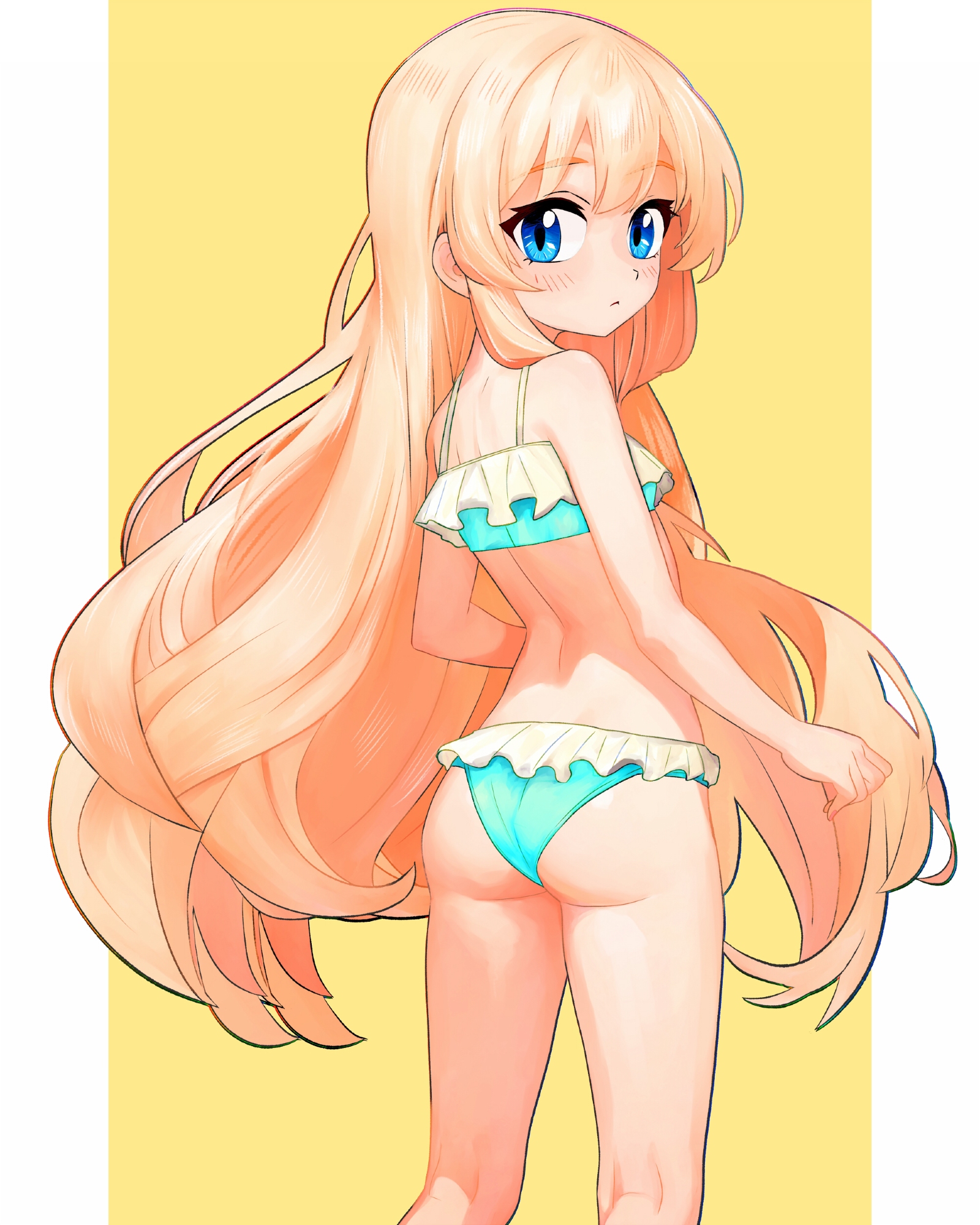tsukiyono aroe, original, highres, 1girl, aqua bikini, ass, bikini, blonde hair, blue eyes, blush, breasts, eyebrows hidden by hair, frilled bikini, frills, from behind, long hair, looking back, open mouth, small breasts, solo, swimsuit, very long hair